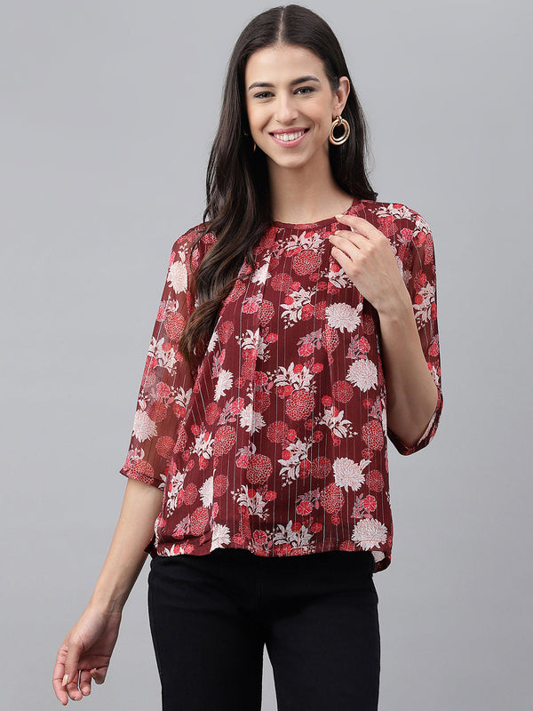 Women's Floral Printed Maroon Chiffon Lurex Tops - Janasya