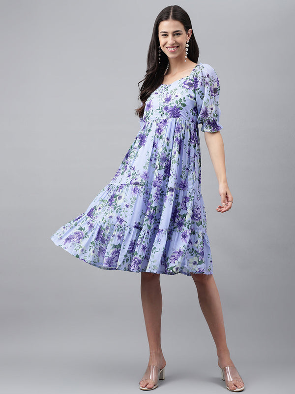 Women's Floral Printed Lavender Georgette Dress - Janasya