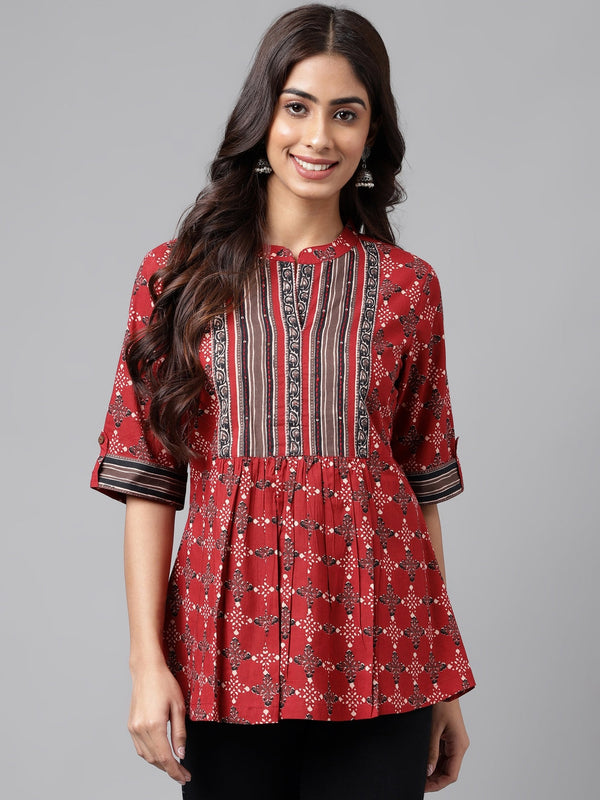 Women's Ethnic Motifs Maroon Cotton Tops - Janasya