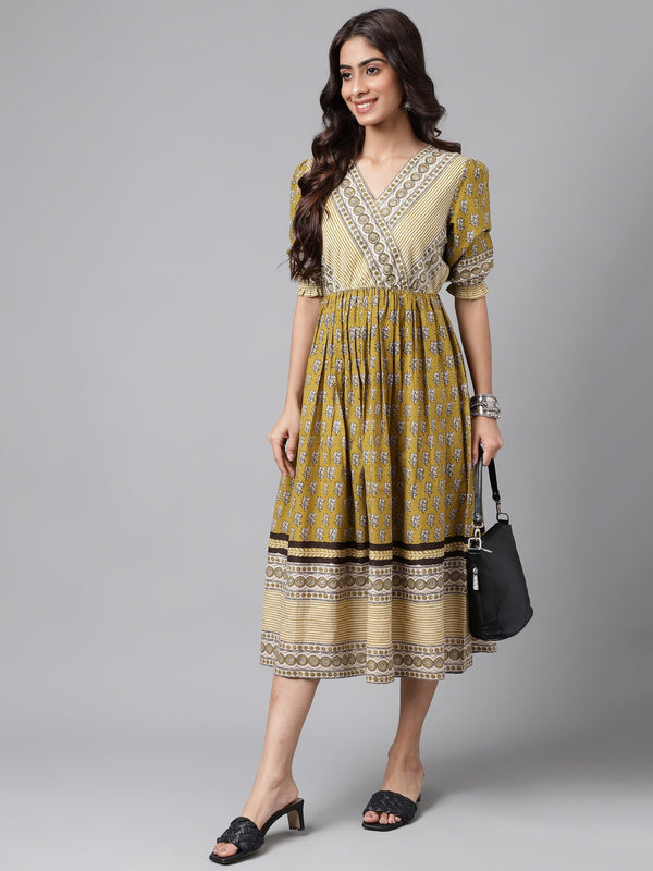 Women's Floral Printed Olive Green Cotton Dress - Janasya