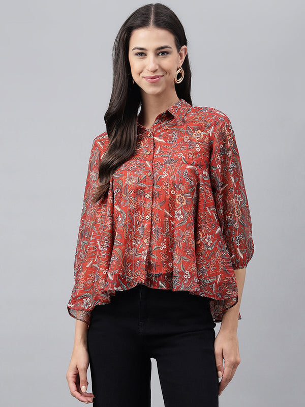 Women's Digital Printed Rust Chiffon Lurex Tops - Janasya