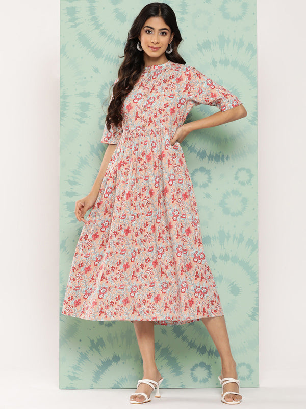 Women's Floral Printed Peach Cotton Dress - Janasya