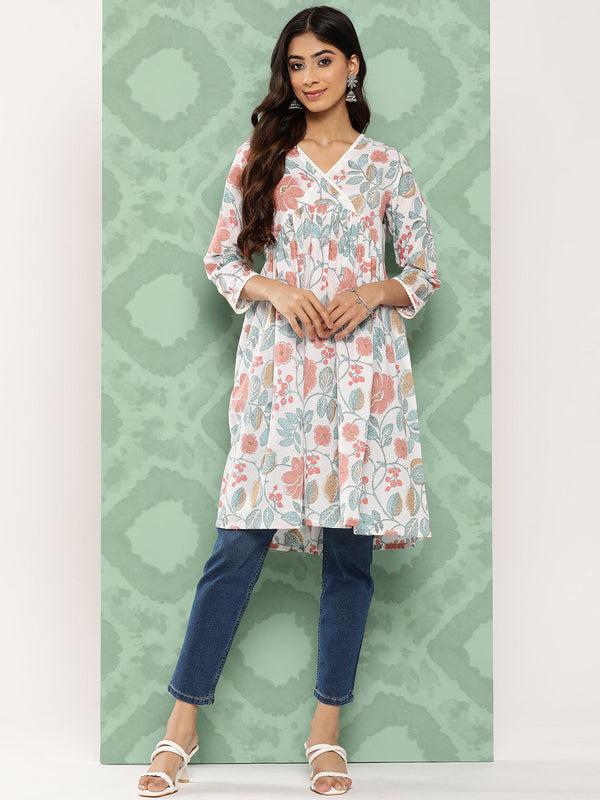 Women's Botanical Print White Cotton Tunics - Janasya