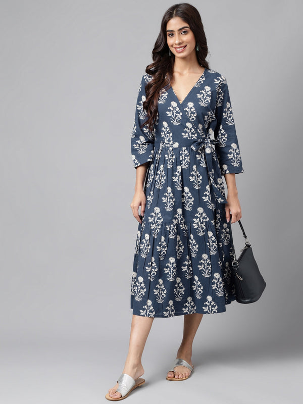 Women's Floral Printed Navy Blue Cotton Dress - Janasya