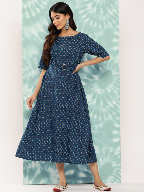 Women's Floral Printed Navy Blue Cotton Dress - Janasya