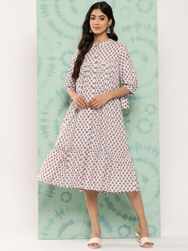 Women's Floral Printed White Cotton Dress - Janasya