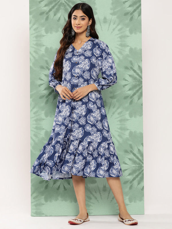 Women's Digital Floral Printed Blue Crepe Dress - Janasya