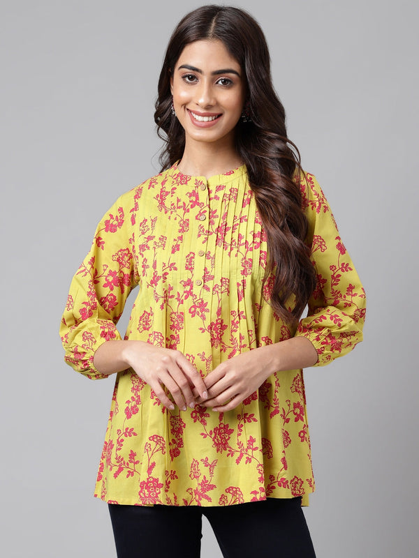 Women's Floral Printed Yellow Cotton Tops - Janasya