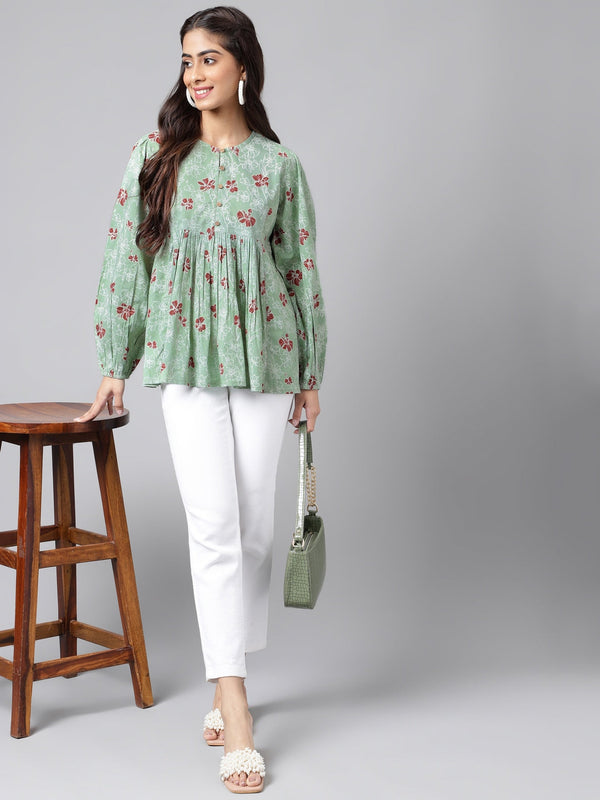 Women's Floral Printed Green Cotton Tops - Janasya