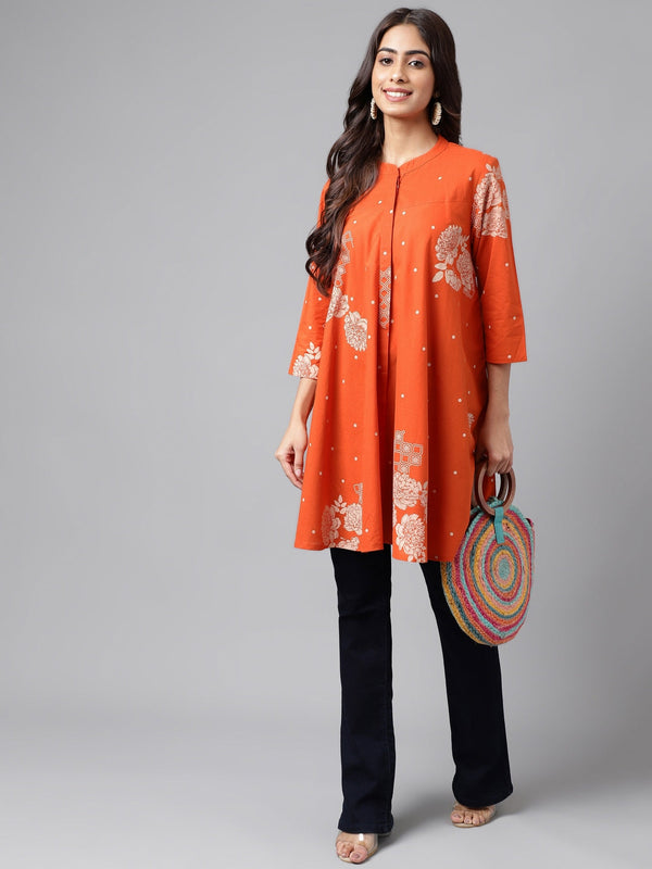 Women's Floral Printed Orange Cotton Tunics - Janasya