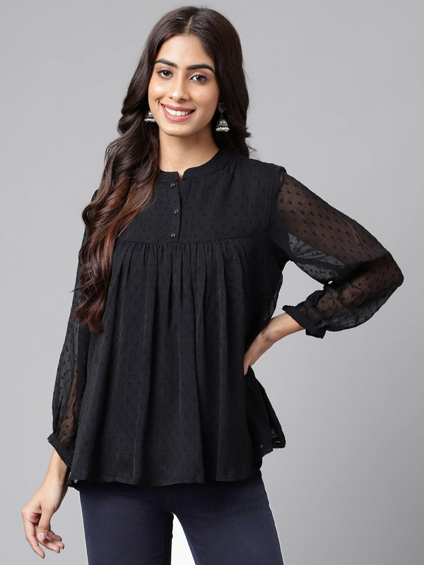 Women's Solid Black Dobby Chiffon Tops - Janasya