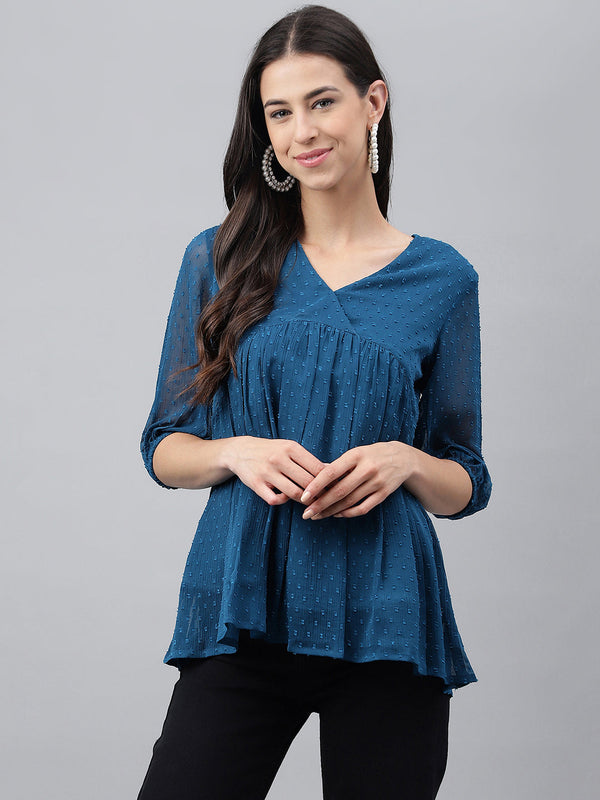 Women's Solid Teal Blue Dobby Chiffon Tops - Janasya