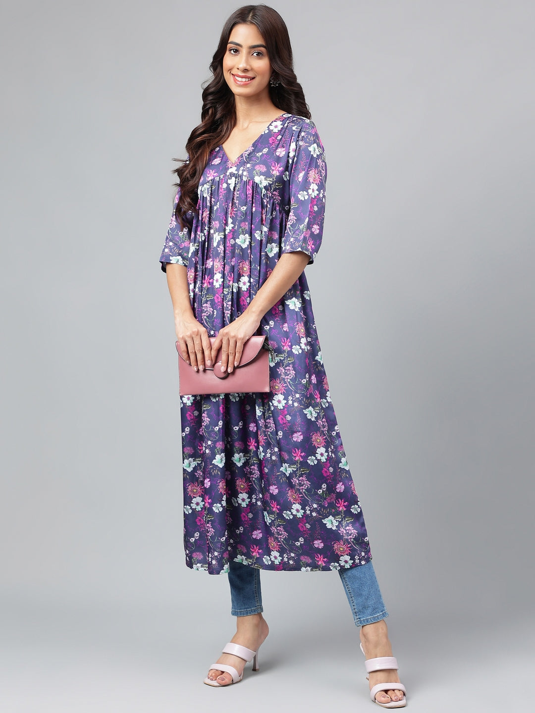 Women's Navy Blue Satin Kurta - Janasya