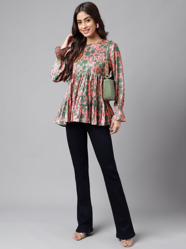 Women's Digital Floral Printed Pink Satin Tops - Janasya