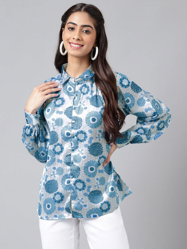 Women's Digital Floral Printed Grey Satin Tops - Janasya