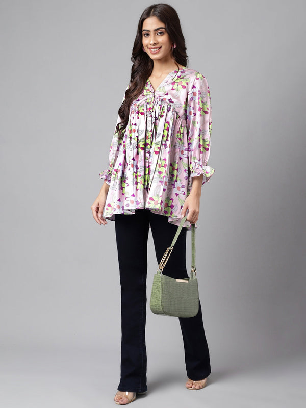 Women's Digital Floral Printed Lavender Satin Tops - Janasya