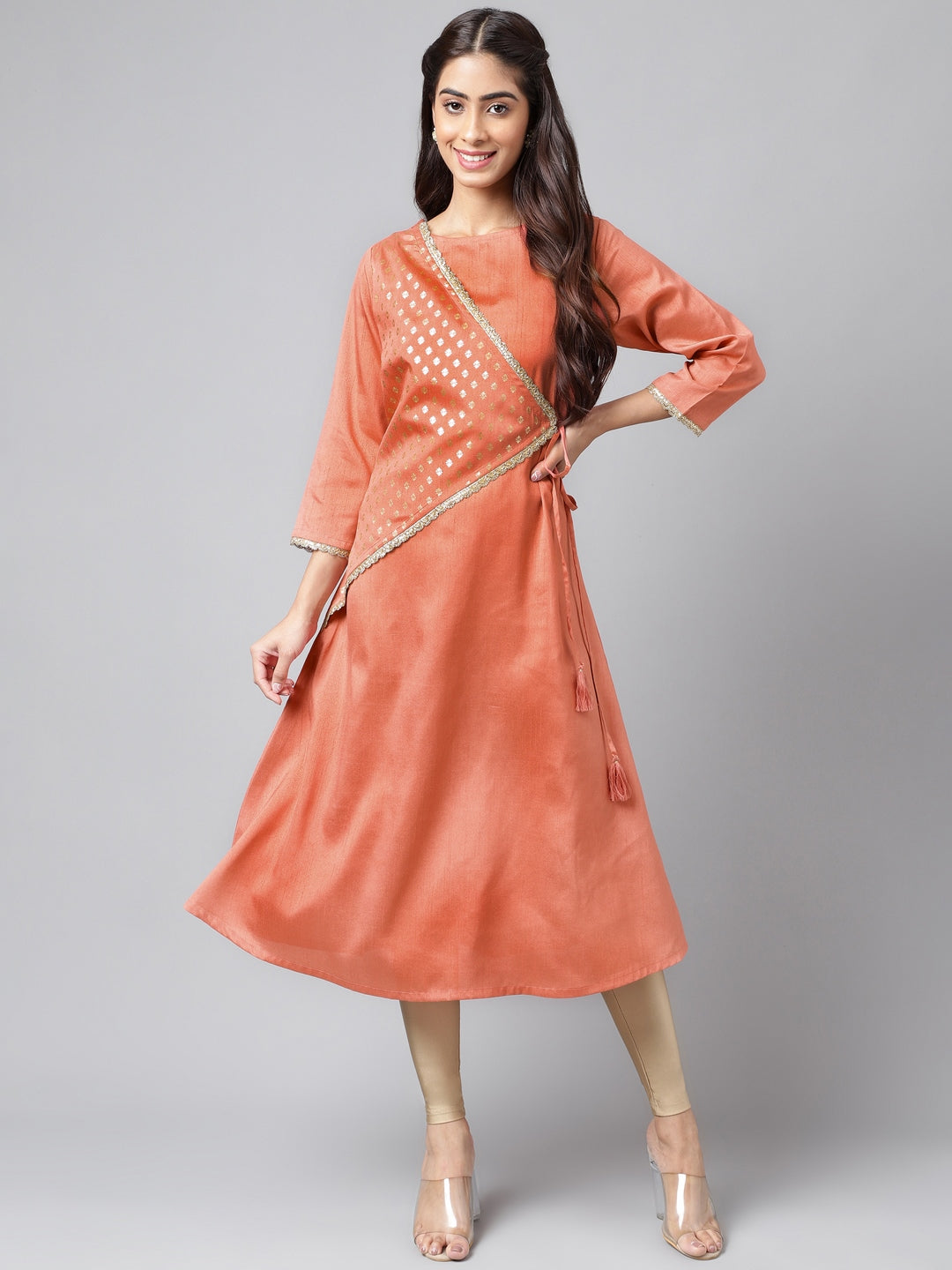 Women's Peach Crepe Silk Kurta - Janasya