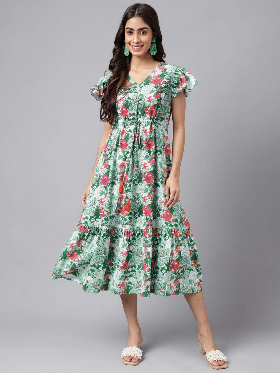 Women's Moss Digital Floral Printed Green Casual Dress - Janasya