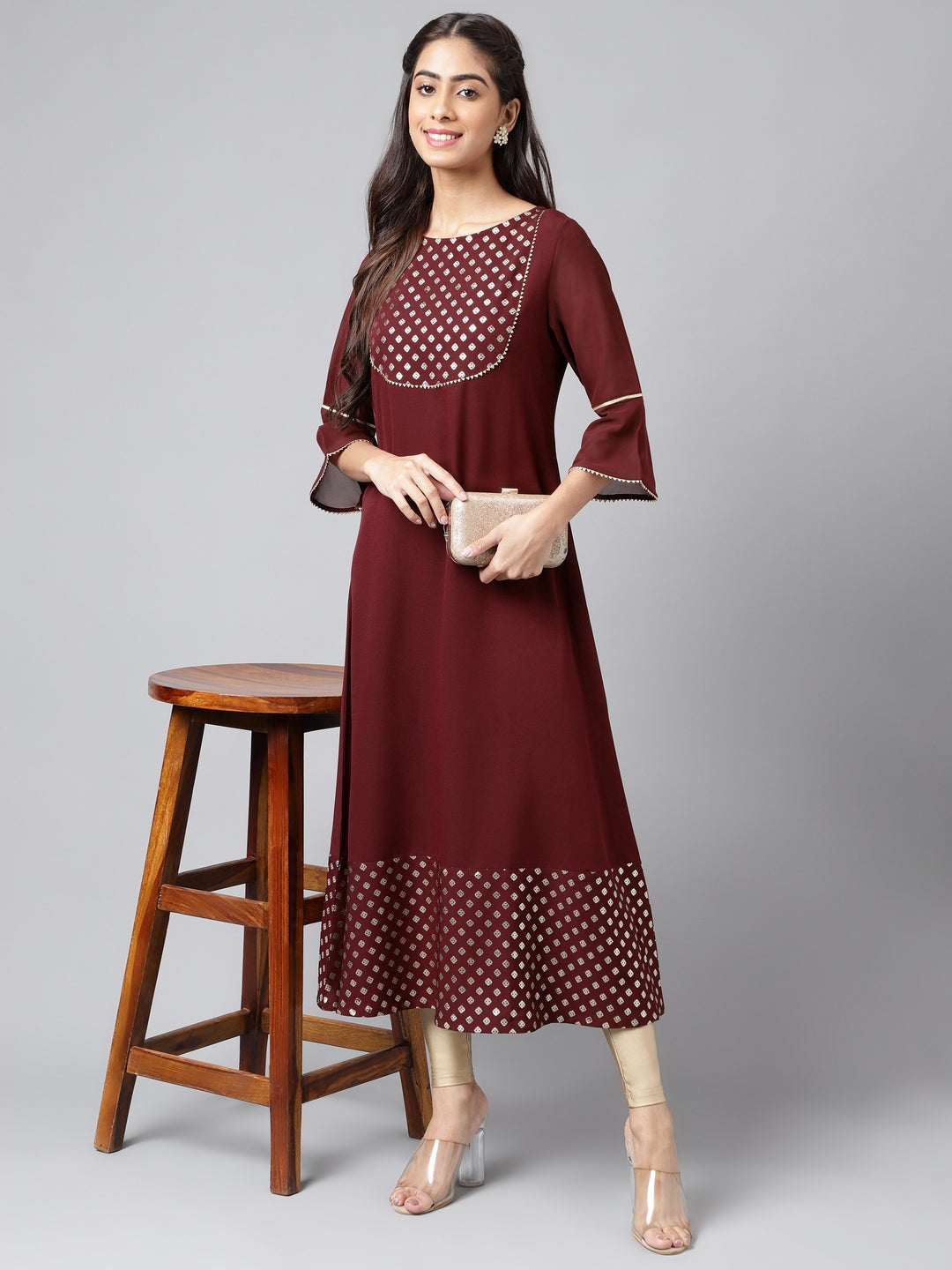 Women's Wine Crepe Kurta - Janasya