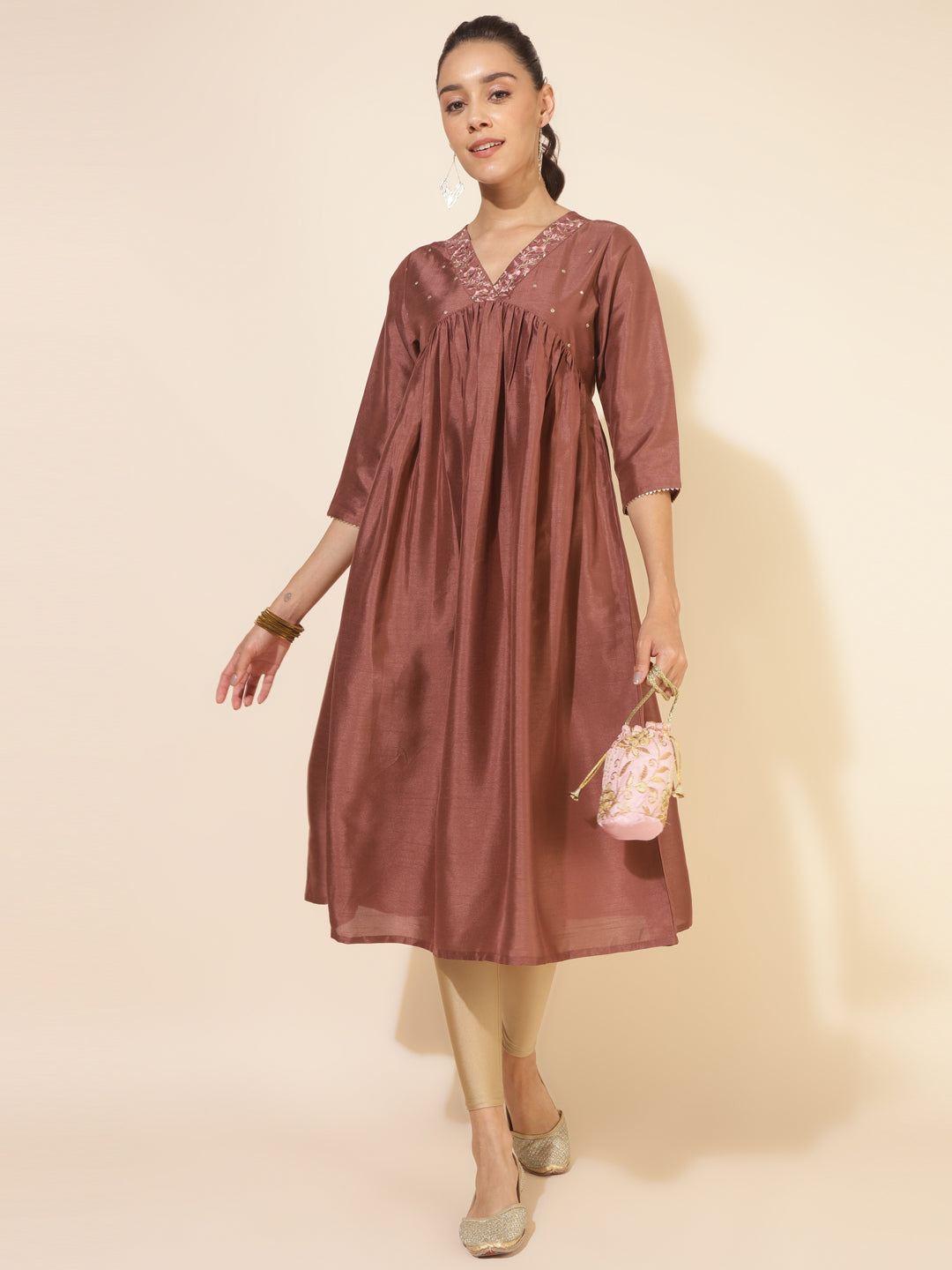 Women Brown Crepe Silk Embellished Empire Kurta - Janasya