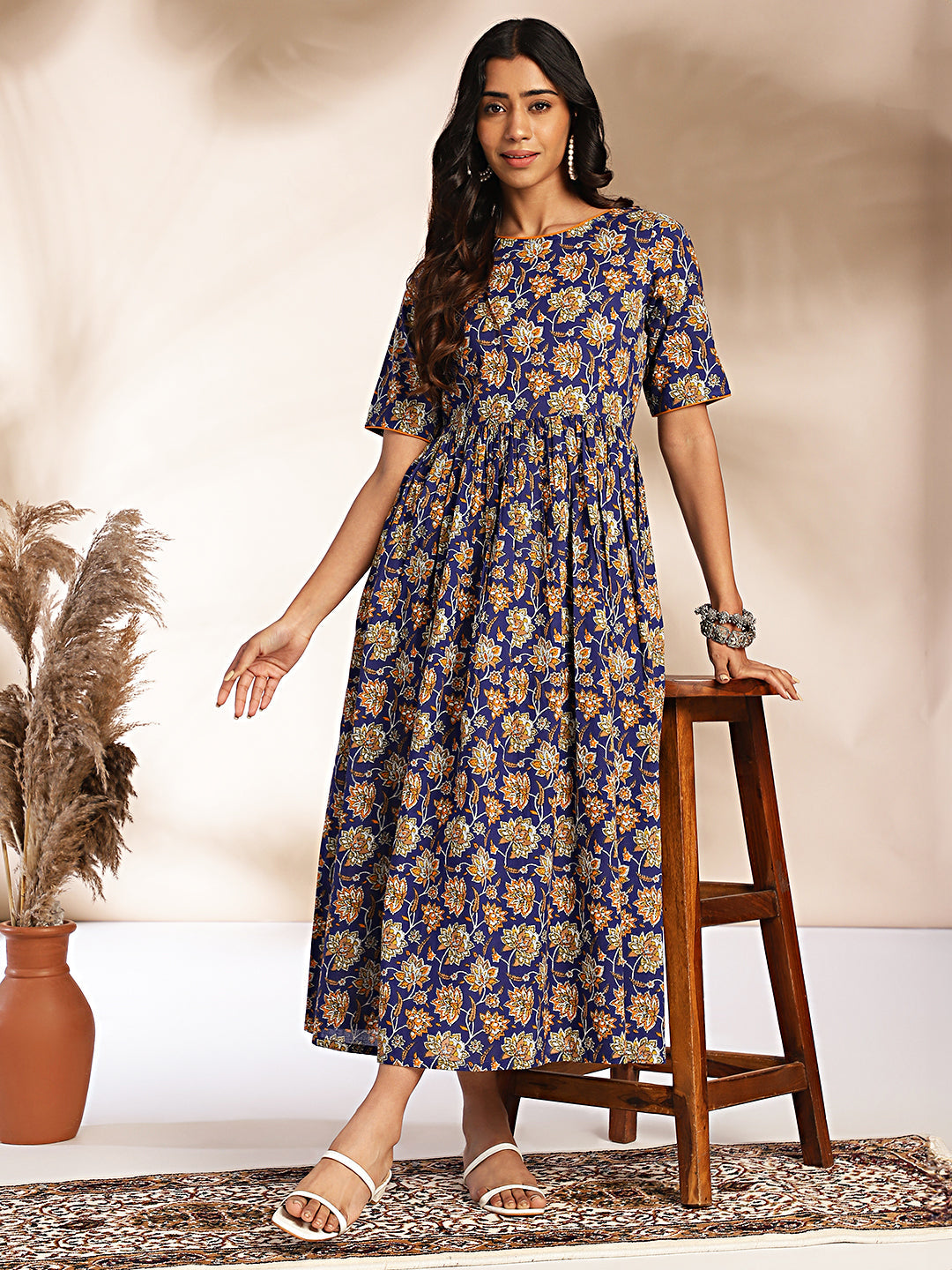 Women's Cotton Floral Printed Dark Blue Dress - Janasya