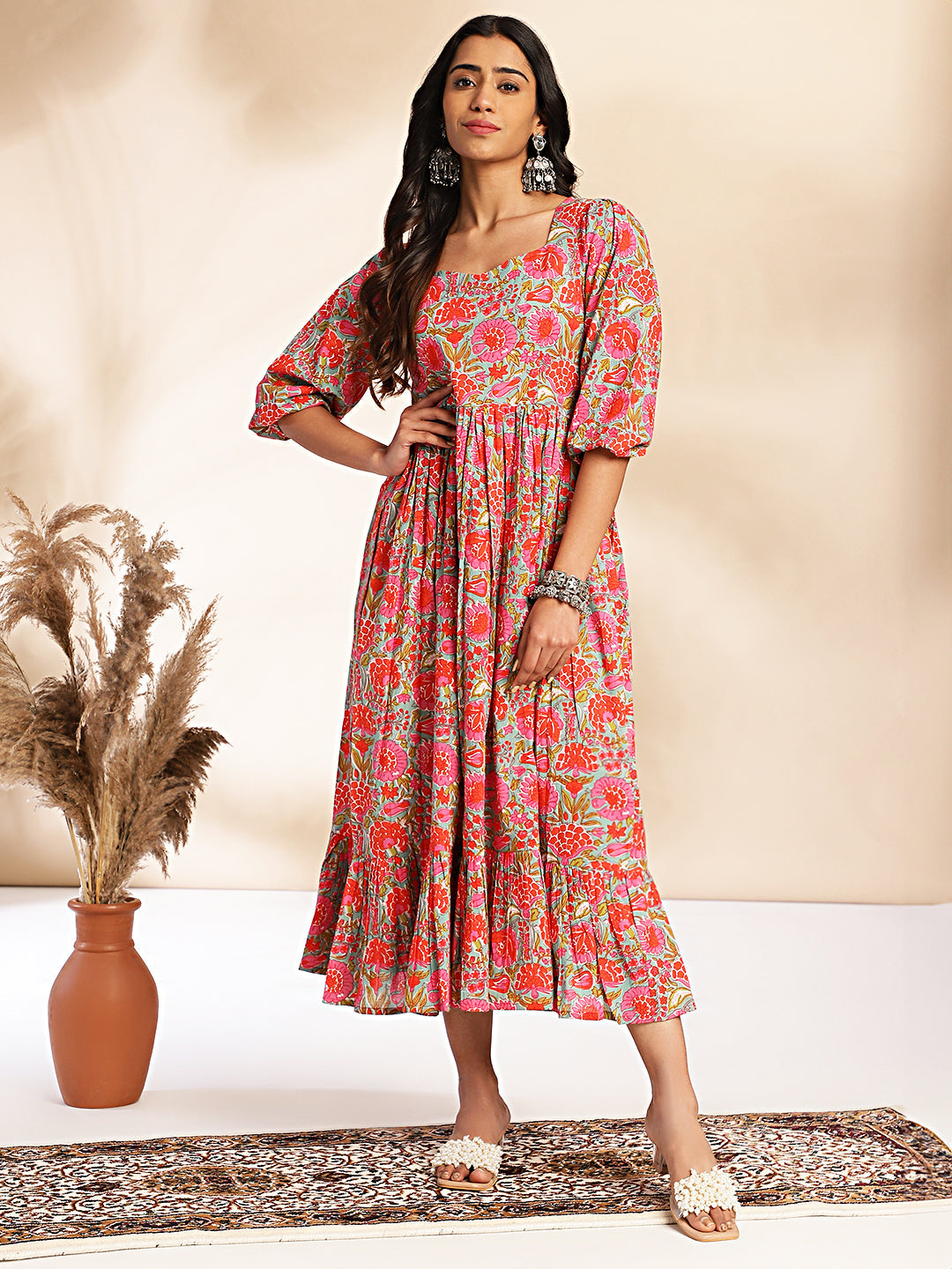 Women's Cotton Floral Printed Multicolor Dress - Janasya