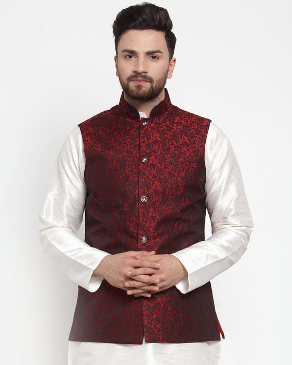 Jashvi Men Maroon-Coloured & Black Woven Design Nehru Jacket