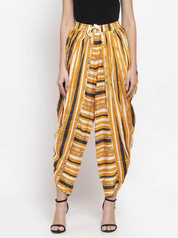 Jashvi Women Yellow and Blue Stripped Dhoti