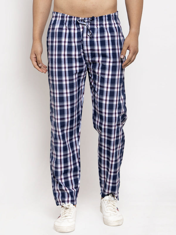 Men's Navy Blue Checked Cotton Track Pants ( JOG 013Navy-Blue ) - Jainish