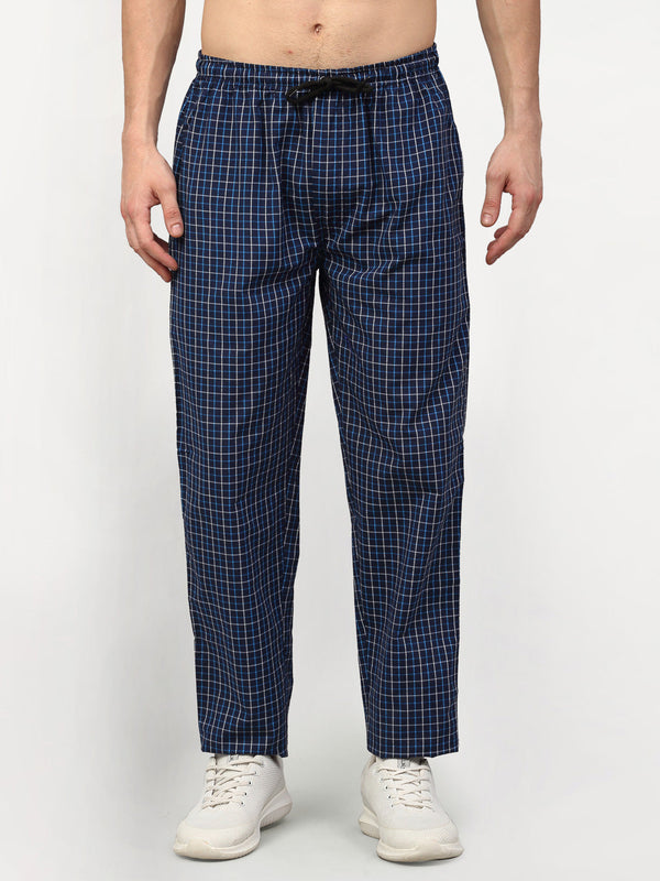 Men's Navy Blue Cotton Checked Track Pants ( JOG 015Navy ) - Jainish