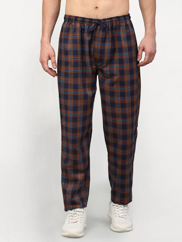 Men's Orange Cotton Checked Track Pants ( JOG 018Orange-Blue ) - Jainish