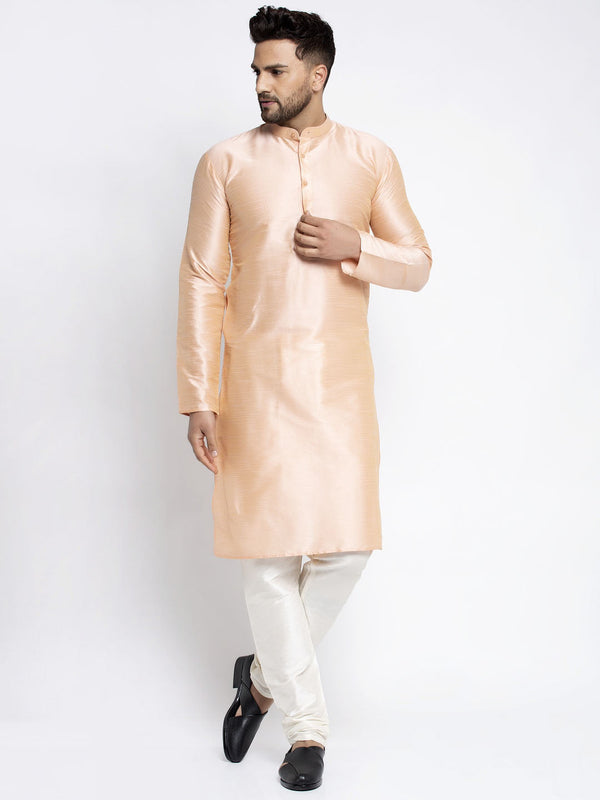 Men's Peach Solid Dupion Silk Kurta Payjama Set ( JOKP 636 Peach ) - Virat Fashions