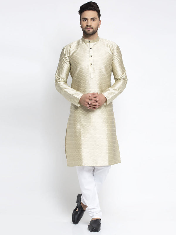 Men's Beige & White Woven Design Kurta with Pyjamas ( JOKP 637 Beige ) - Virat Fashions