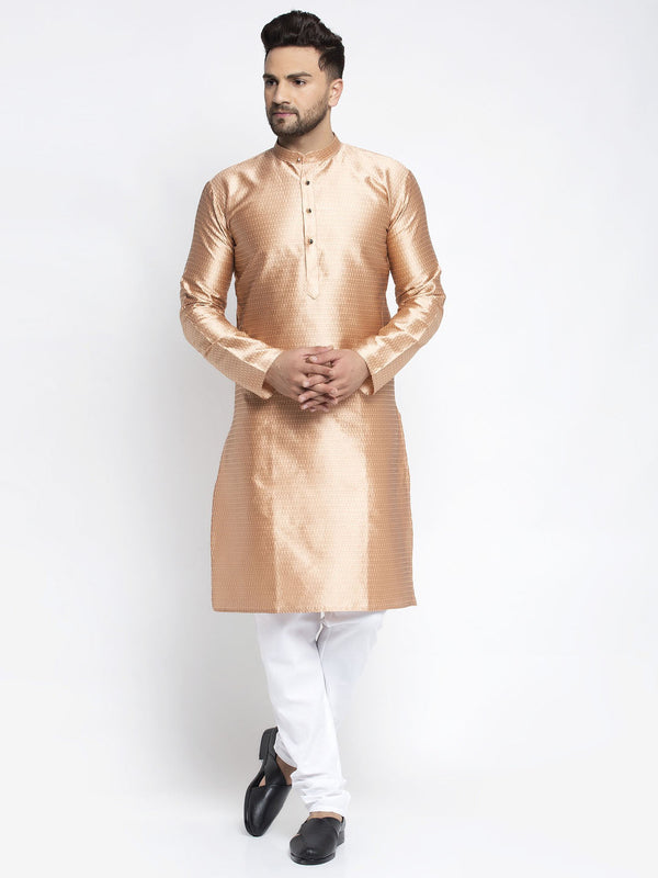 Men's Bronze & White Woven Design Kurta with Pyjamas ( JOKP 637 Bronze ) - Virat Fashions