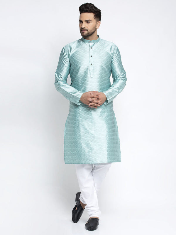 Men's Sky Blue & White Woven Design Kurta with Pyjamas ( JOKP 637 Sky ) - Virat Fashions