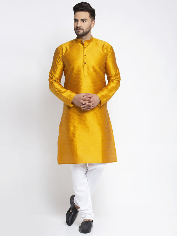 Men's Yellow & White Woven Design Kurta with Pyjamas ( JOKP 637 Yellow ) - Virat Fashions