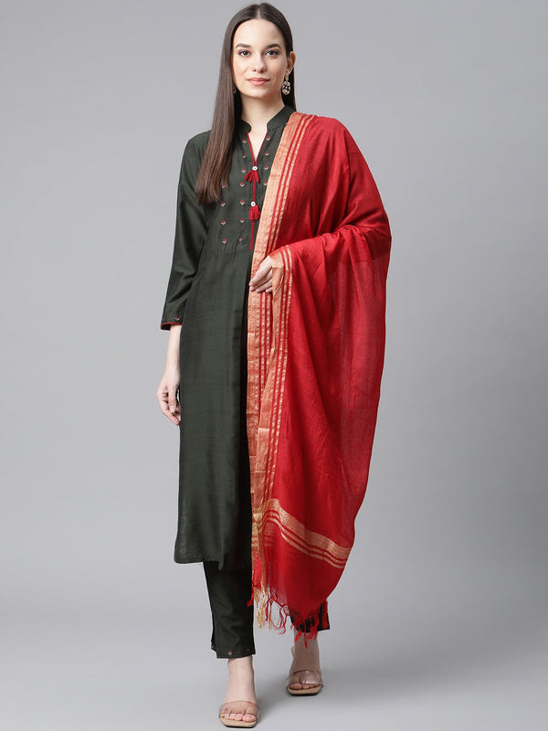 Jashvi Women Green Regular Kurta with Trousers & With Dupatta