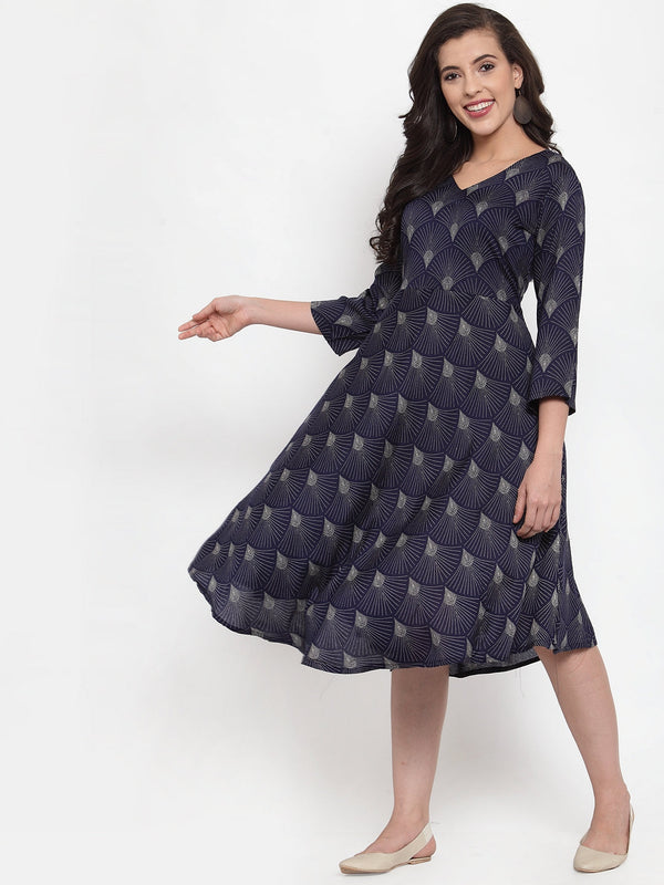 Women Navy Blue Printed Fit and Flare Ethnic Dress