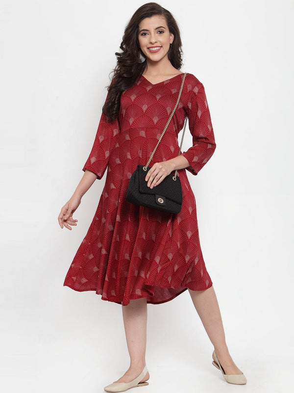 Women Maroon Printed Fit and Flare Ethnic Dress