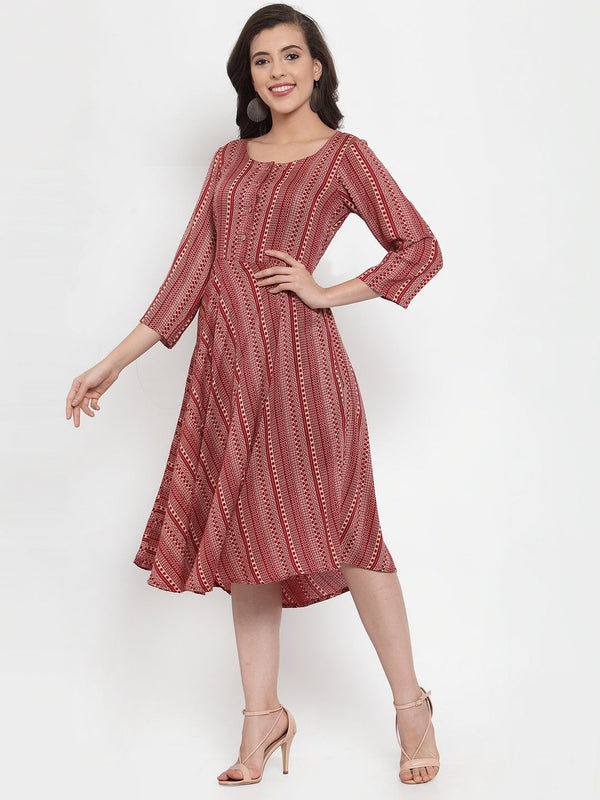 Women Maroon Printed Fit and Flare Ethnic Dress