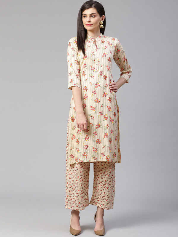 Jashvi Women Cream-Coloured & Red Floral Print Kurta with Palazzos