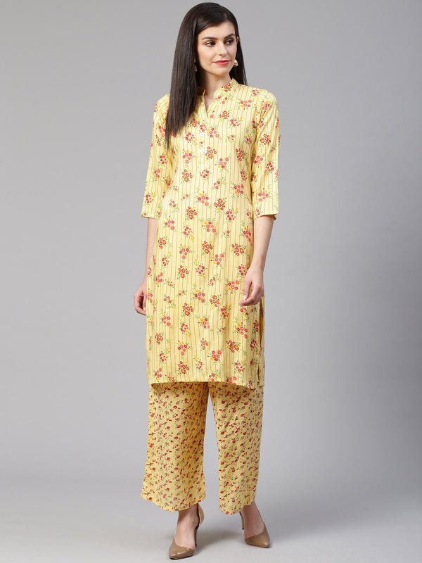 Jashvi Women Yellow-Coloured & Red Floral Print Kurta with Palazzos