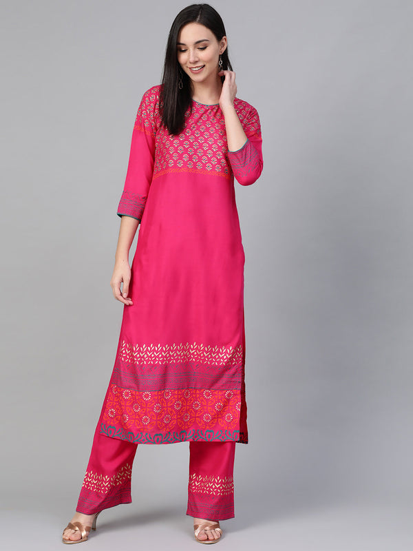 Women Pink & Golden Yoke Design Kurta with Palazzos