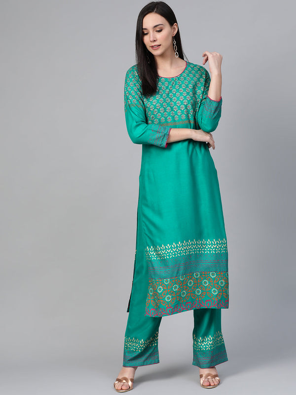 Women Rama-Green & Golden Yoke Design Kurta with Palazzos