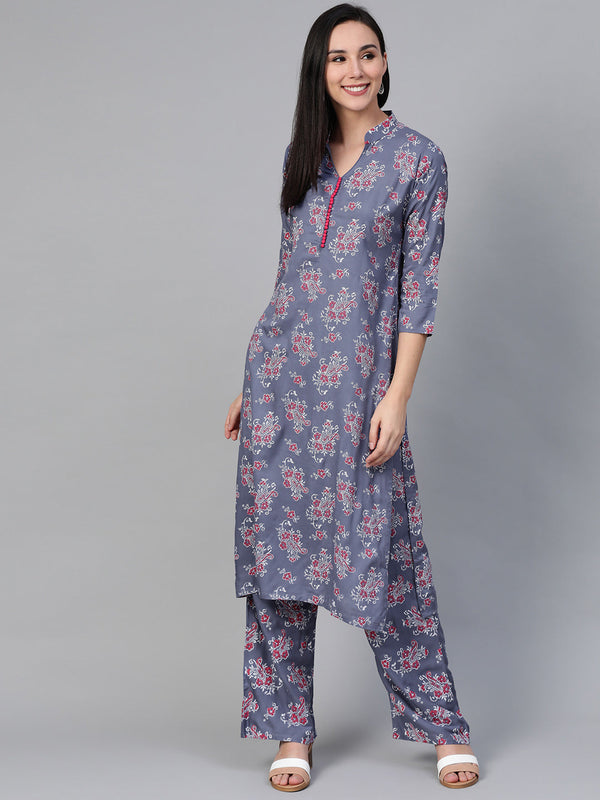 Women Grey & Pink Block Printed Kurta with Palazzos