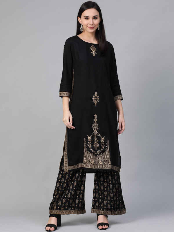 Women's Black & Golden Block Printed Kurta with Palazzos - Jompers