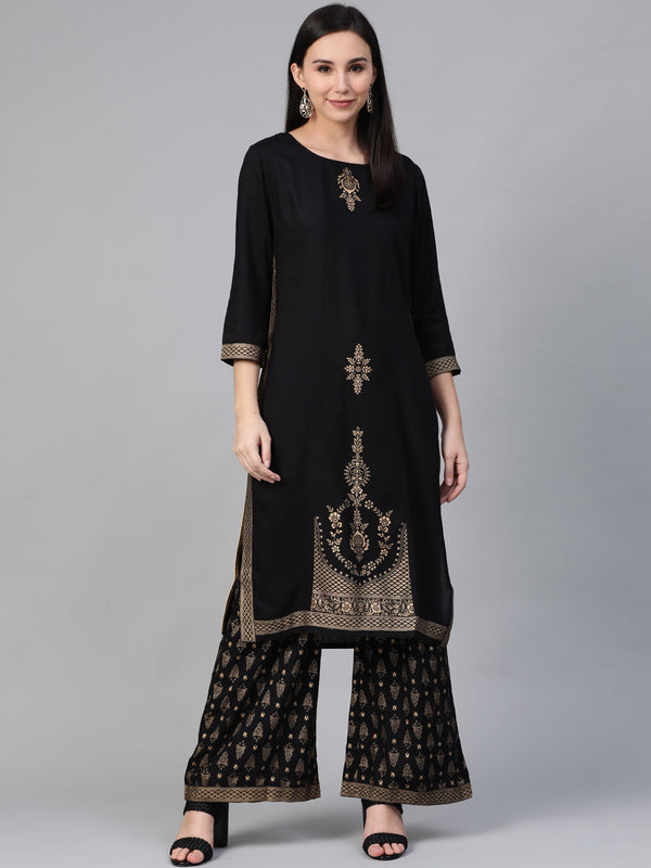 Women Black & Golden Block Printed Kurta with Palazzos