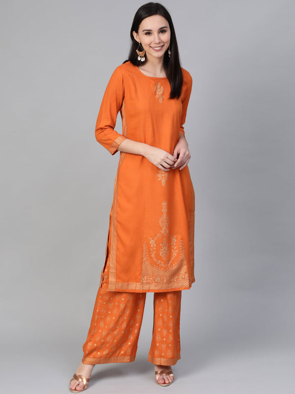 Women Orange & Golden Block Printed Kurta with Palazzos