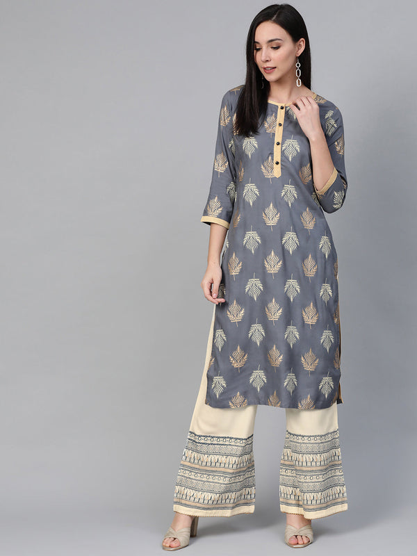 Women Grey & Cream-Coloured Block Print Kurta with Palazzos