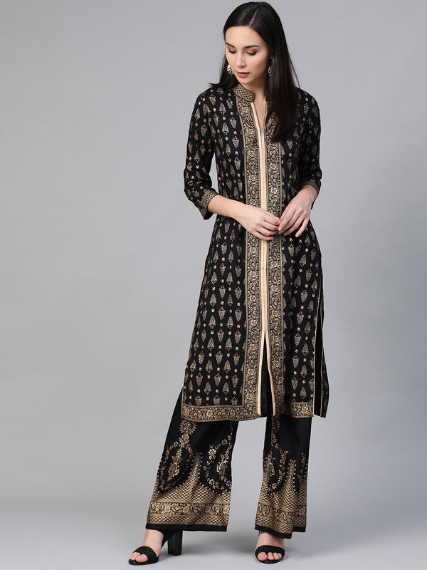 Women Black & Golden Block Print Kurta with Palazzos